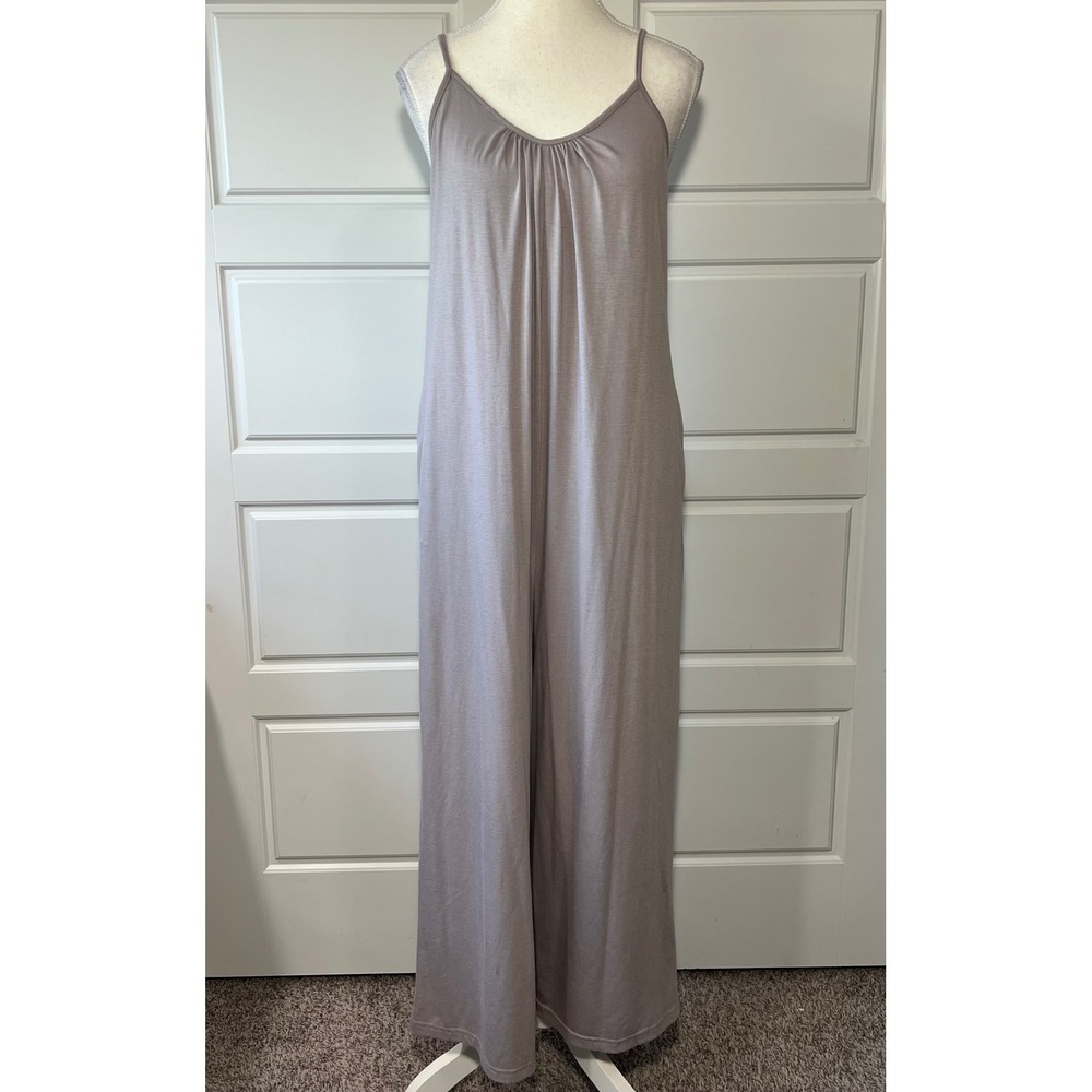 ANRABESS Taupe Jersey Knit Maxi Jumpsuit Spaghetti Strap Wide Leg Pockets Size S